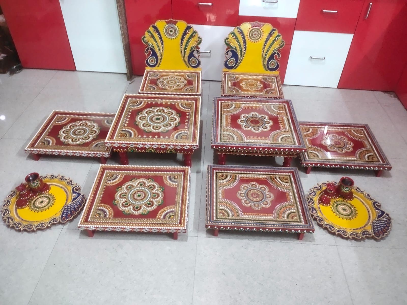 Complete wedding singhasan set with multiple chowki, peacock singhasan pair and matching pooja thalis