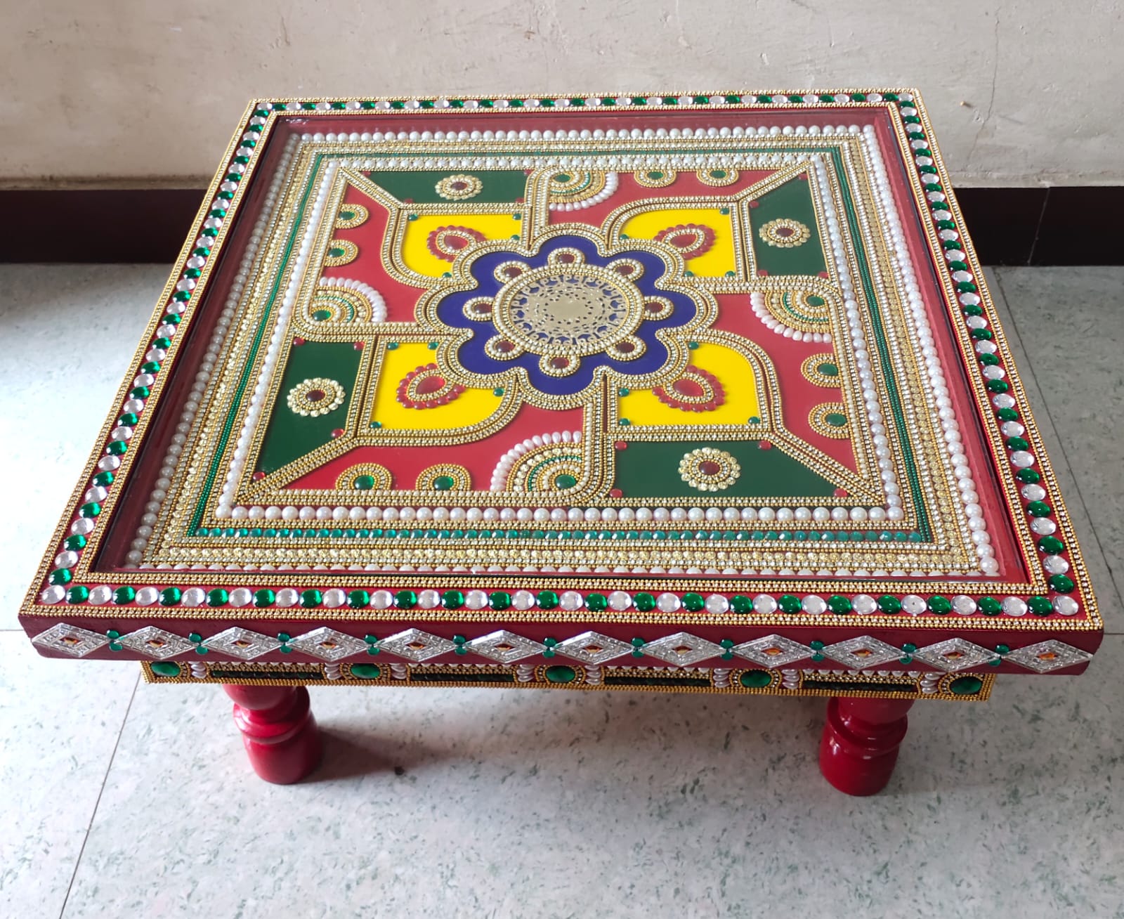 Decorated Chowki - Handcrafted wooden stool