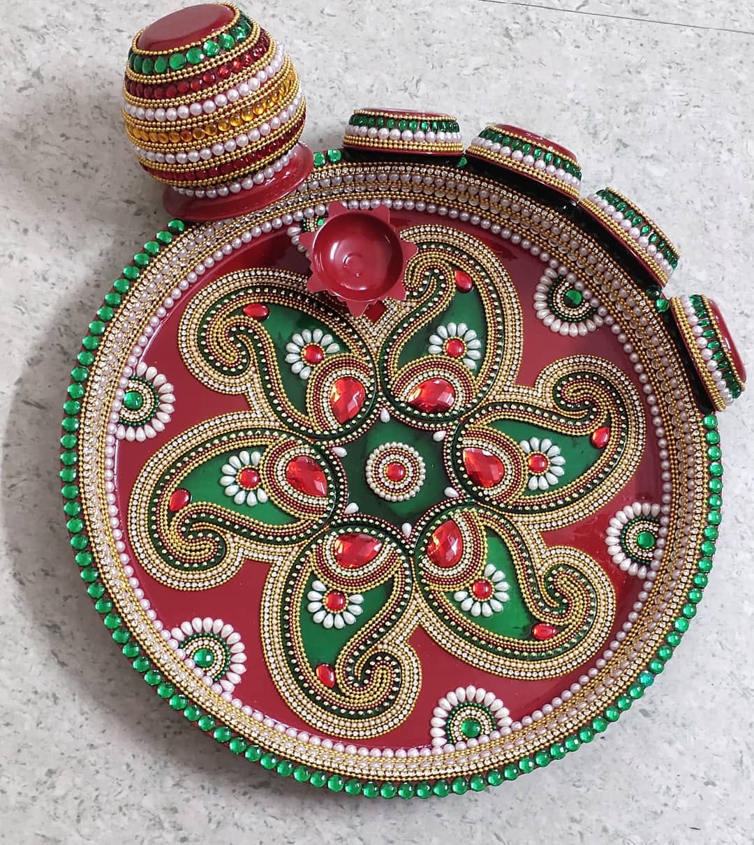 Green & Red Pooja Thali - Elegant kundan design