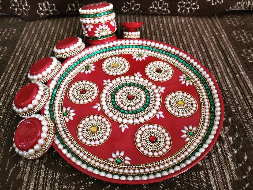 Pearl Pooja Thali - White and green pearl work